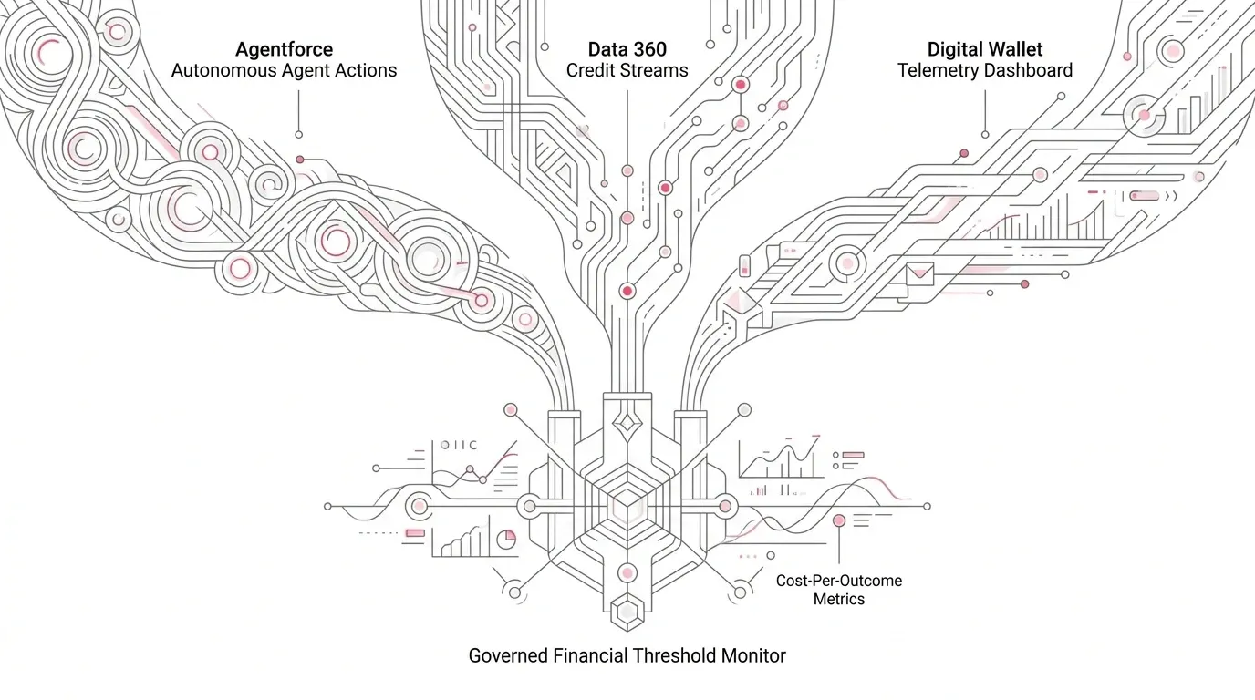 Salesforce Agentforce cost governance: controlling Flex Credit and Data 360 consumption through Digital Wallet telemetry, threshold runbooks, and cost-per-outcome metrics.