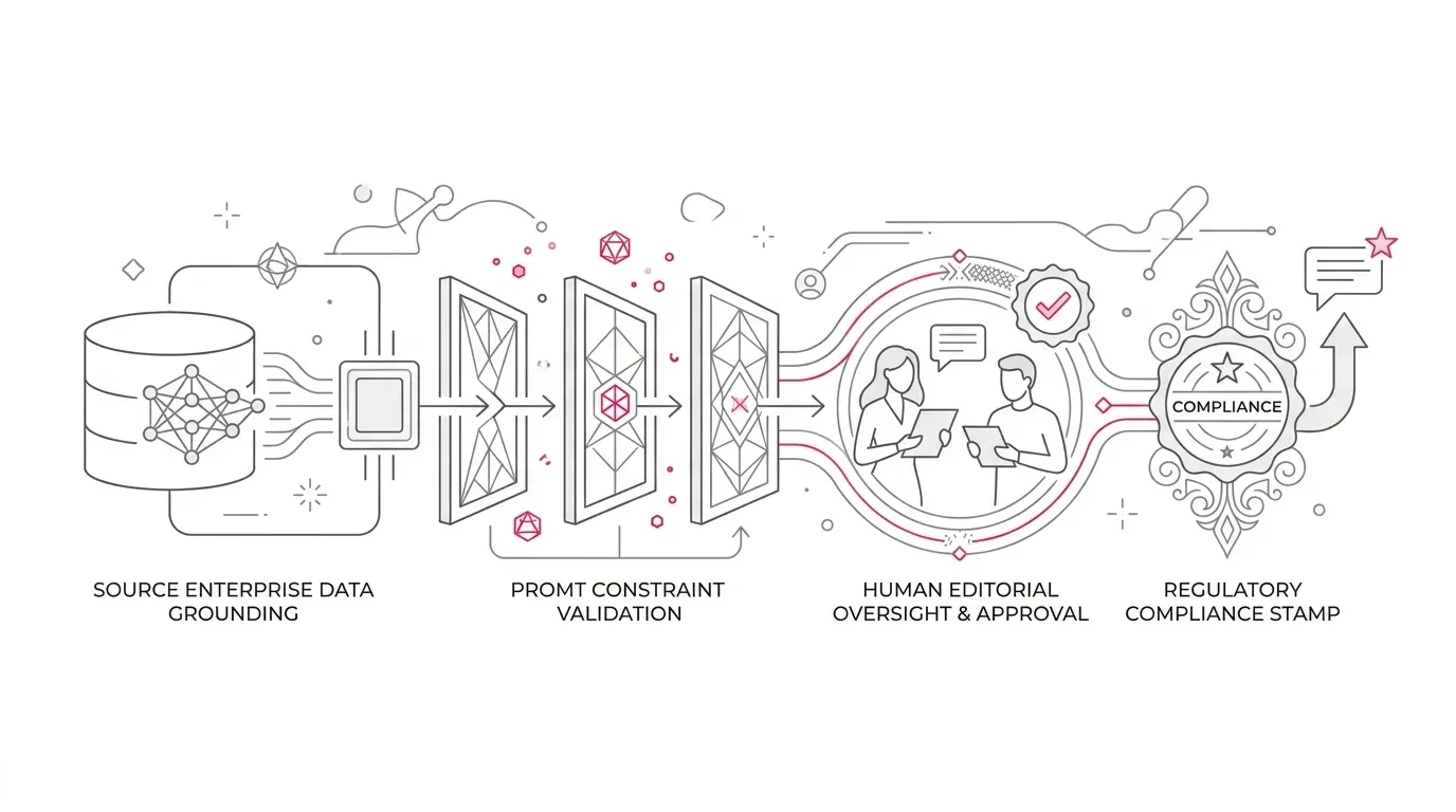 Multi-tier AI customer communication governance pipeline showing source enterprise data grounding, prompt constraint validation gates, human editorial oversight approval, and regulatory compliance stamp with subtle #e71e4c accents on pure white background.