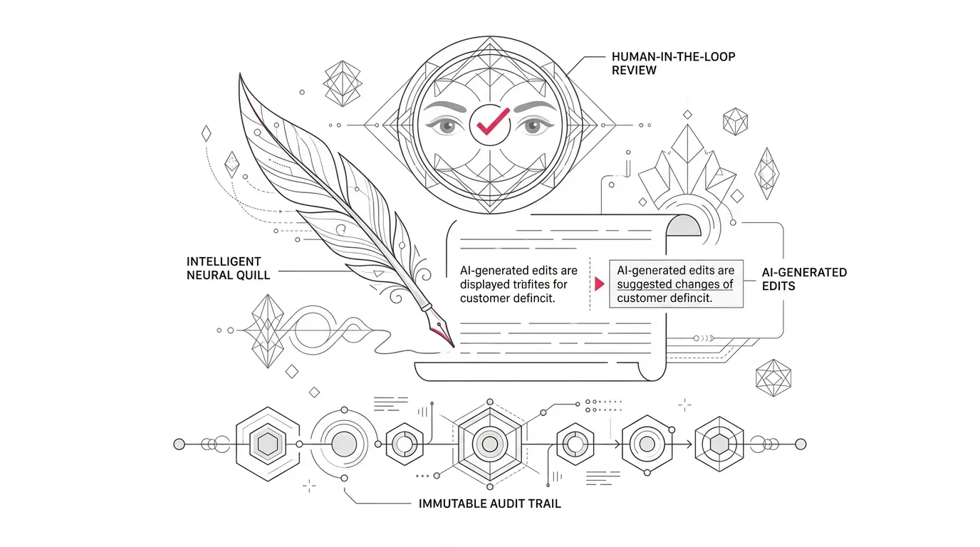 AI governance in customer communications showing generative prompt controls, automated diff tracking, human-in-the-loop review gates, and deterministic audit trails with subtle #e71e4c accents on pure white background.