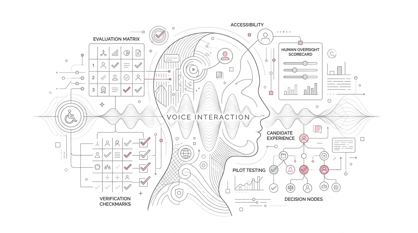 AI interview candidate experience pilot testing architecture showing voice interaction workflows, evaluation matrices, accessibility verification, and human oversight scorecard nodes with subtle #e71e4c accents.