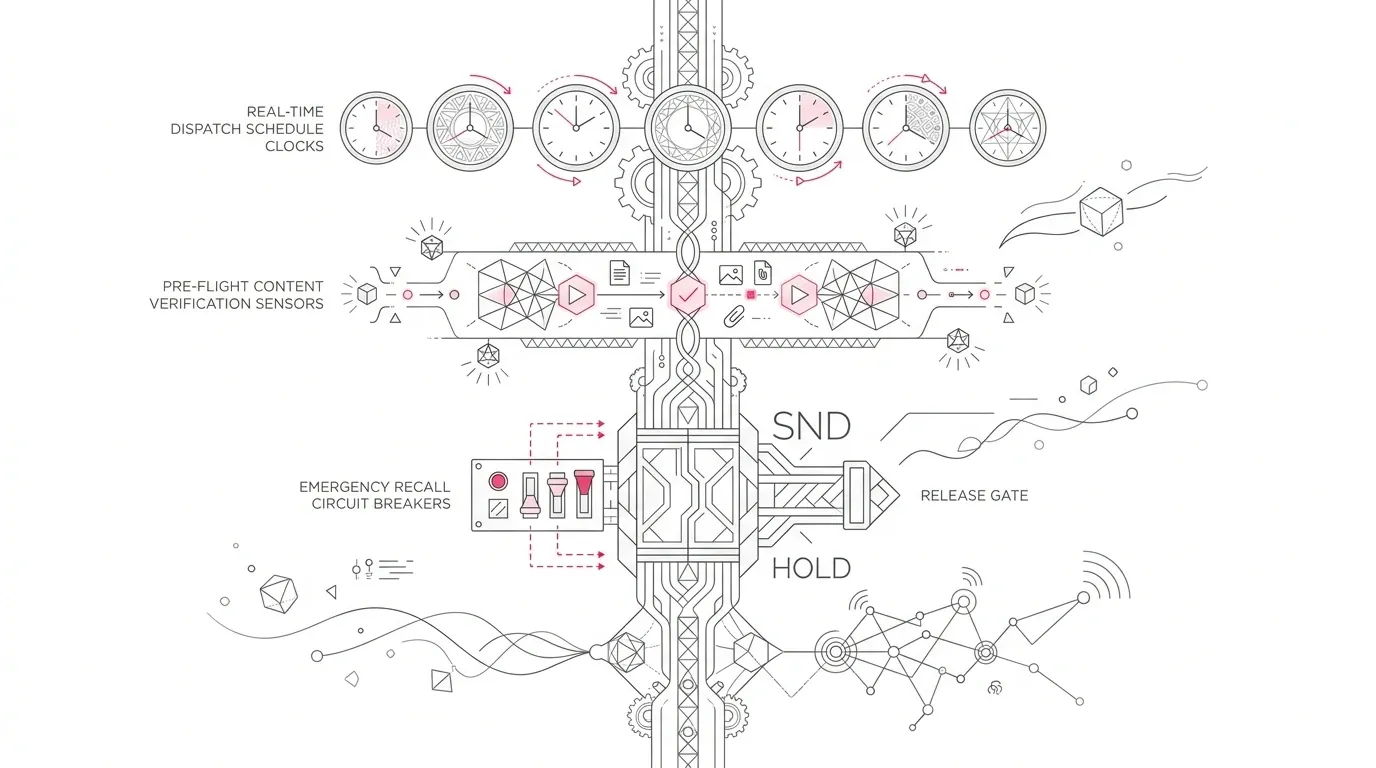 High-volume batch communication release gate and send-time assurance timeline, showing real-time dispatch schedule clocks, pre-flight content verification sensors, and emergency recall circuit breakers with subtle #e71e4c pink accents on pure white background.