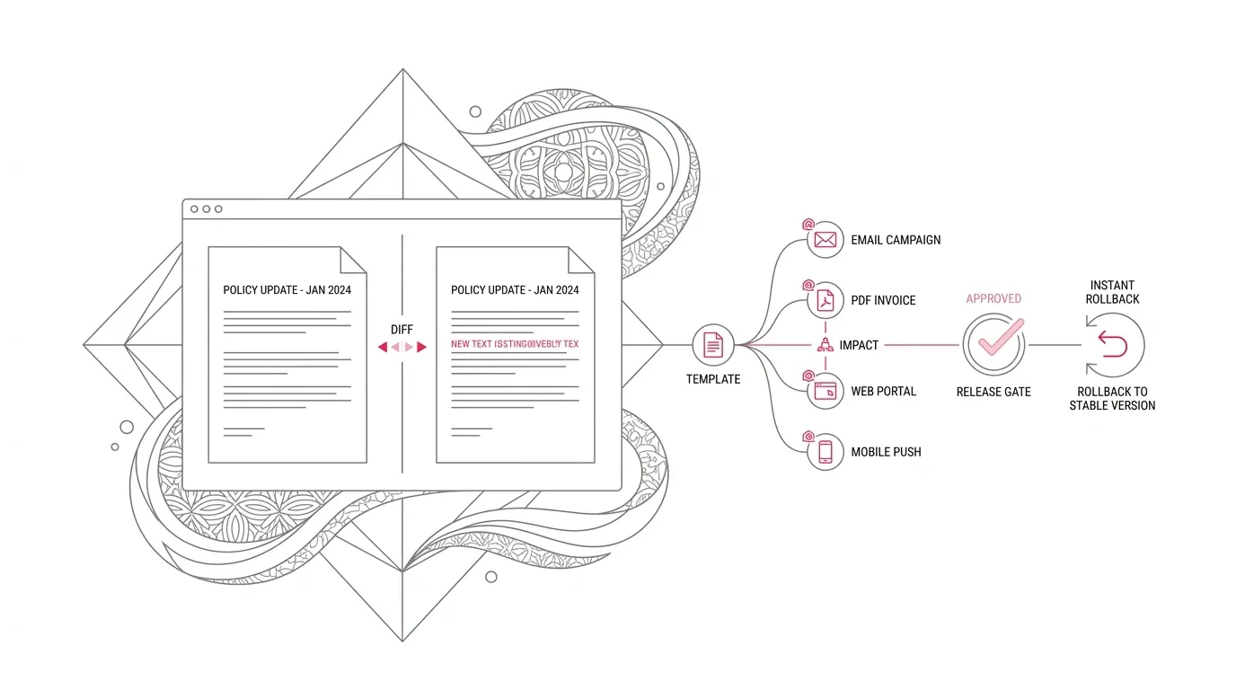 CCM change management architecture showing split-screen visual diff comparison, multichannel template impact mapping, approved release gate, and instant rollback safety with subtle #e71e4c accents on pure white background.
