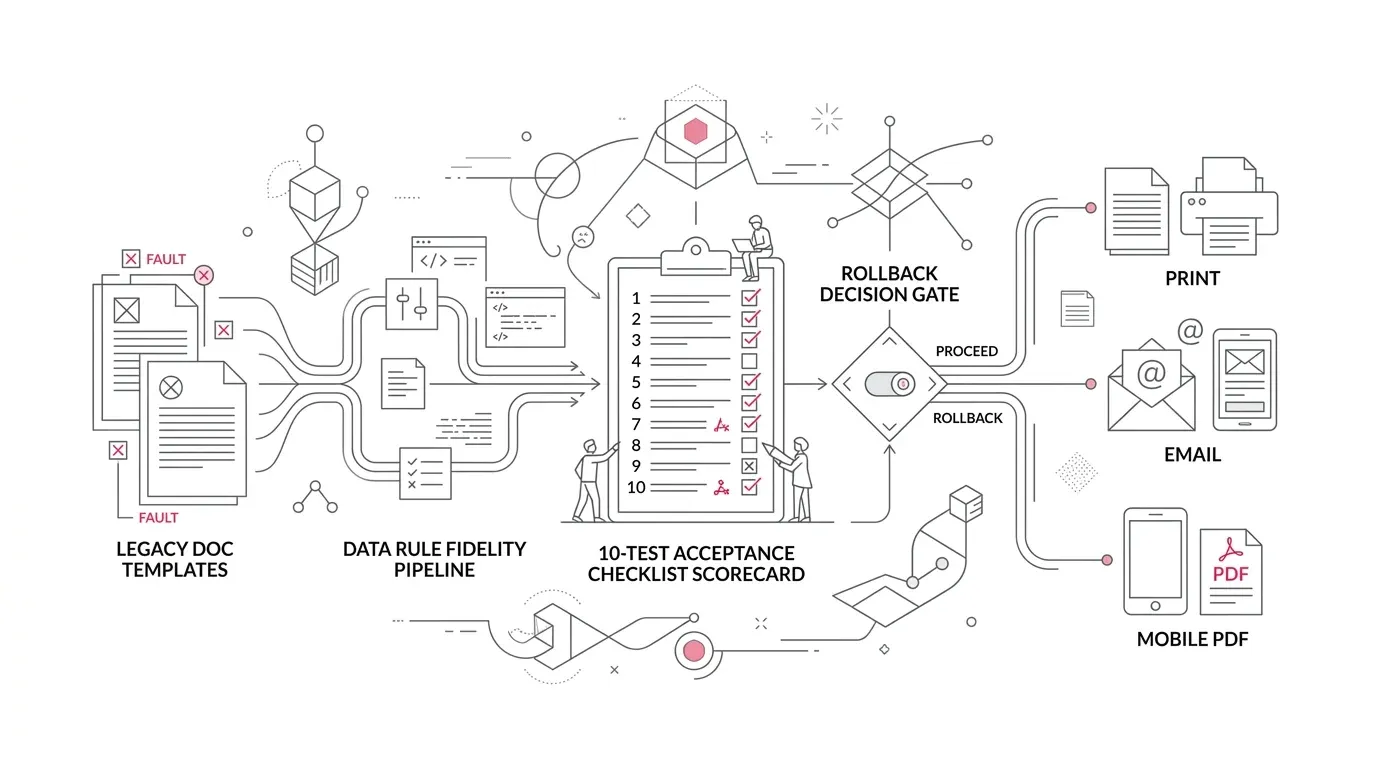 Customer communications management CCM migration architecture: legacy template conversion, data rule fidelity, 10-test acceptance checklist scorecard, multichannel delivery, and rollback gates.