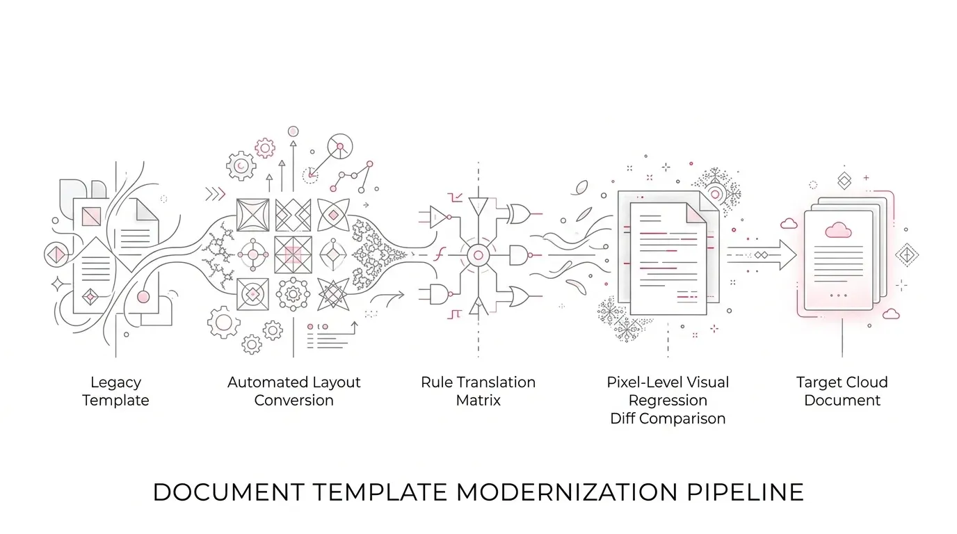 Legacy document template modernization pipeline featuring automated layout conversion, rule translation matrix, and pixel-level visual regression diff comparison against target cloud document output with subtle #e71e4c accents on pure white background.