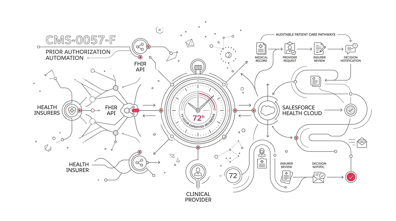 CMS-0057-F prior authorization integration architecture with Salesforce Health Cloud, FHIR API endpoints, intake channel orchestration, and SLA tracking with subtle #e71e4c accents on pure white background.