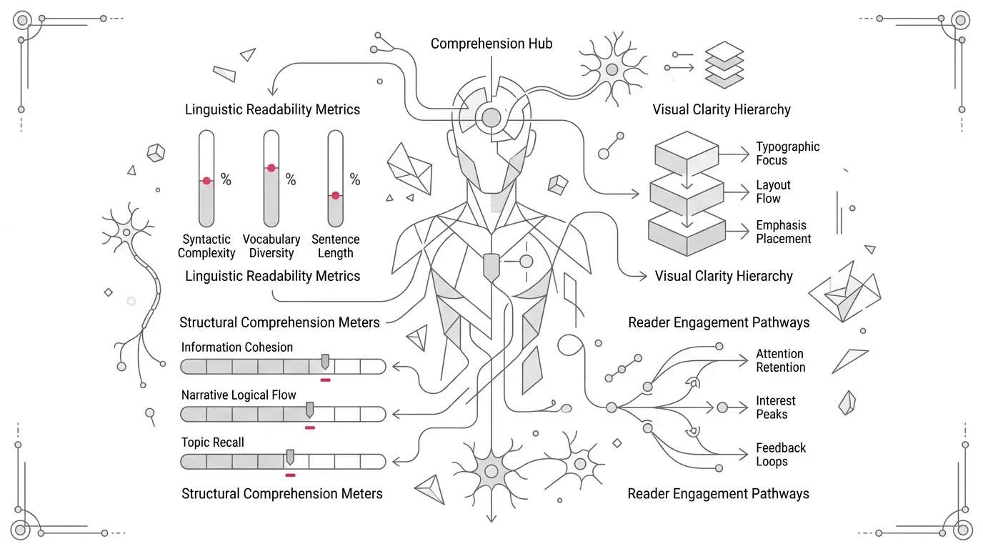 Cognitive comprehension testing framework for customer communications, showing linguistic readability metrics, visual clarity hierarchy, structural comprehension meters, and reader engagement pathways with subtle #e71e4c pink accents on pure white background.