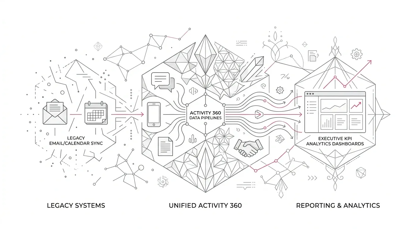 Enterprise CRM activity telemetry and reporting migration architecture, showing transition from legacy email/calendar sync to unified Activity 360 data pipelines and executive KPI analytics dashboards with subtle #e71e4c pink accents on pure white background.