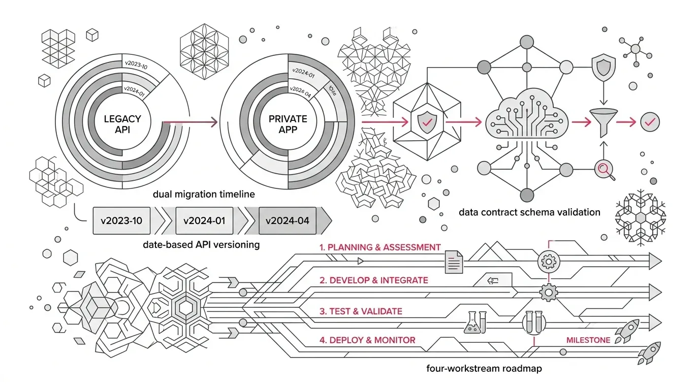Technical architectural line art depicting HubSpot legacy API and private app modernization, dual migration timeline clocks, date-based versioning, and four-workstream roadmap.