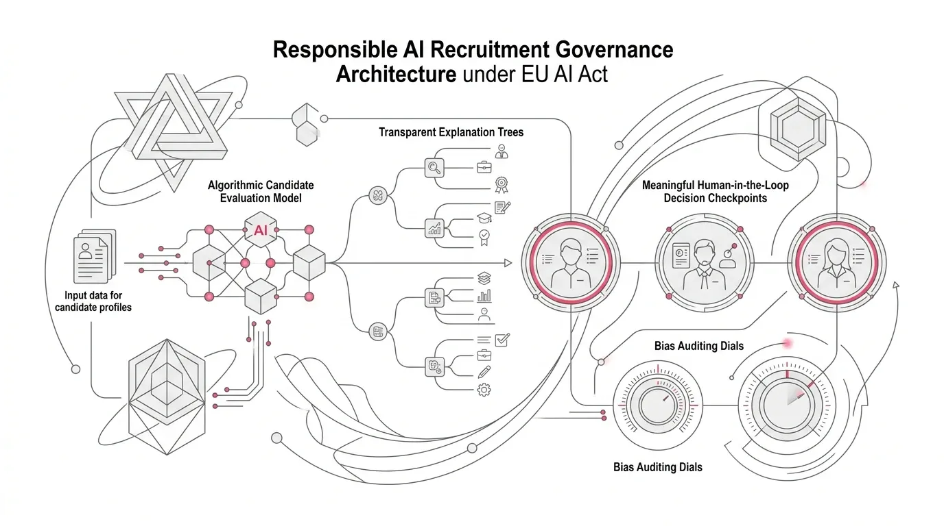 Responsible AI recruitment governance architecture under EU AI Act, showing algorithmic candidate evaluation models paired with meaningful human-in-the-loop decision checkpoints, bias auditing dials, and transparent explanation trees with subtle #e71e4c pink accents on pure white background.