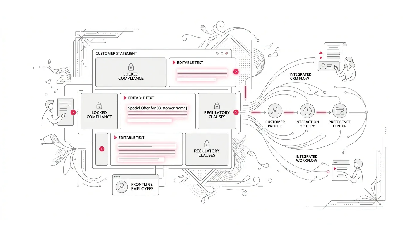 Interactive customer communications management (CCM) architecture showing governed templates, browser-based frontline editing boundaries, real-time schema validation, and multichannel delivery with subtle #e71e4c accents on pure white background.