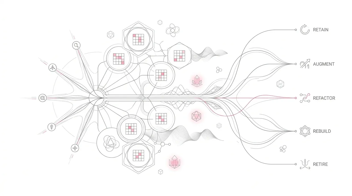 Legacy application modernization portfolio assessment: evaluating systems across seven analytical lenses into five strategic dispositions: retain, augment, refactor, rebuild, or retire.