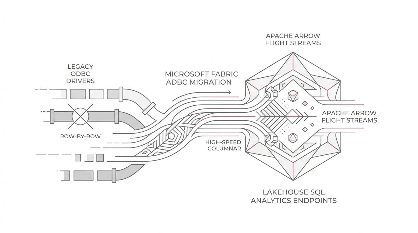 Microsoft Fabric ADBC migration architecture showing columnar Arrow flight streams, legacy ODBC row-by-row bottlenecks, connection cutover testing, and Lakehouse SQL endpoint governance with subtle #e71e4c accents on pure white background.
