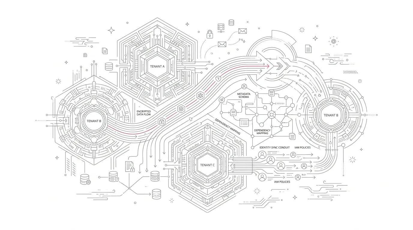 Cross-tenant enterprise cloud data migration architecture showing interconnected enterprise tenant boundaries, secure data transit bridges, metadata dependency graphs, and identity synchronization conduits with subtle #e71e4c pink accents on pure white background.