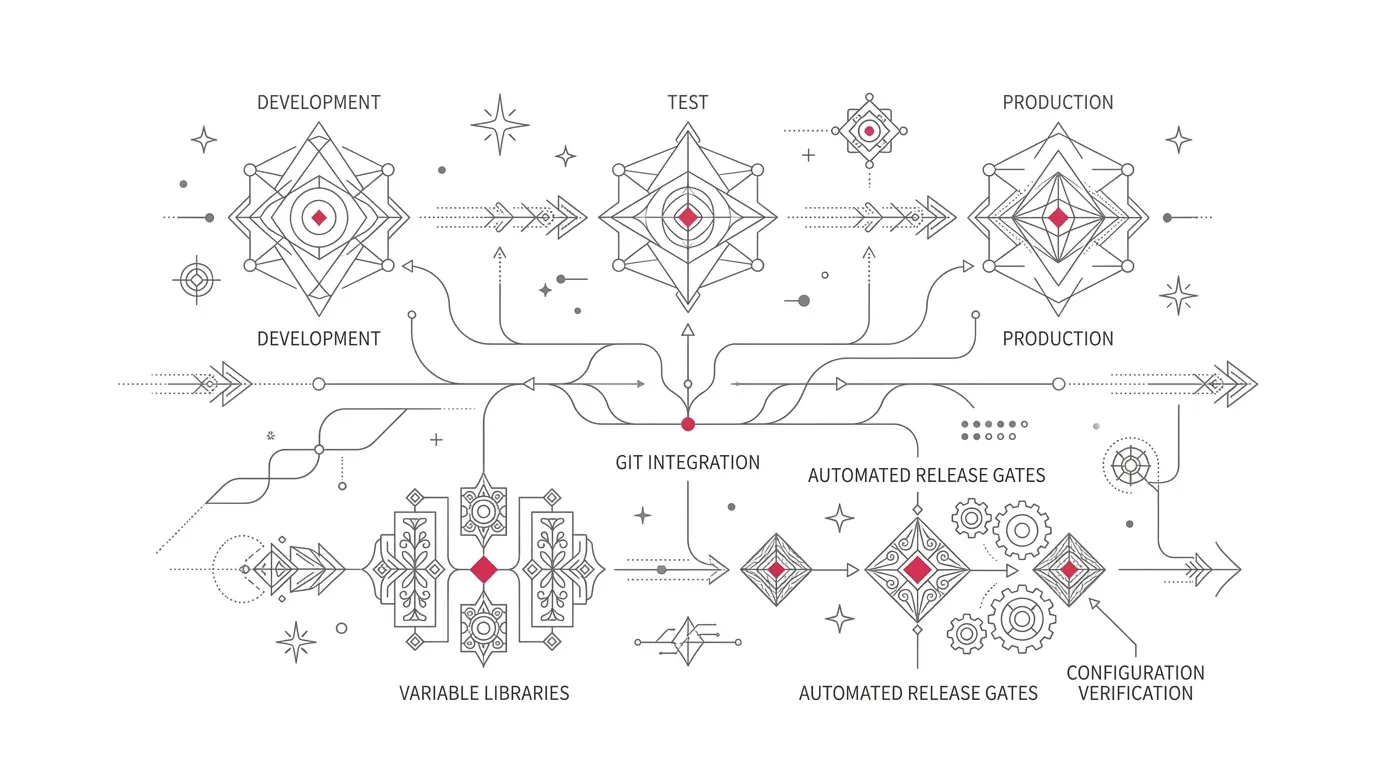 Microsoft Fabric multi-environment deployment pipeline showing development, test, and production stages synchronized through Git integration, variable libraries, and automated release gates with subtle #e71e4c accents on pure white background.