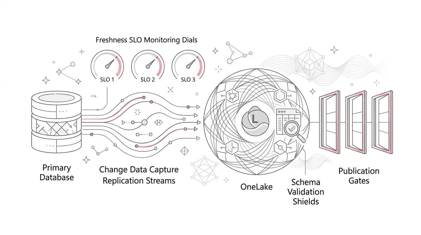 Microsoft Fabric database mirroring architecture showing change data capture replication streams into OneLake, with freshness SLO monitoring dials, schema validation shields, and publication gates with subtle #e71e4c accents on pure white background.