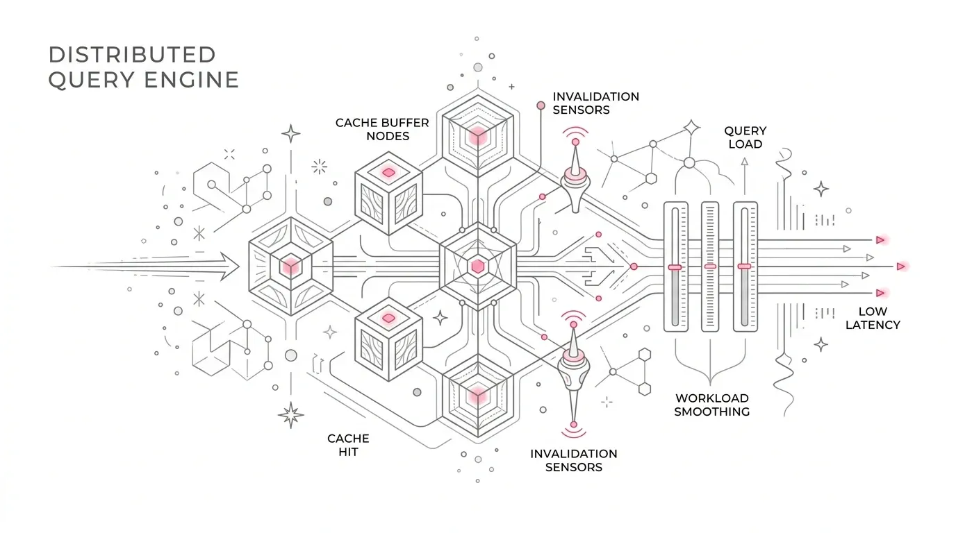 High-performance distributed query execution and result-set caching engine, showing low-latency cache buffer nodes, cache invalidation sensors, and capacity workload smoothing meters with subtle #e71e4c pink accents on pure white background.