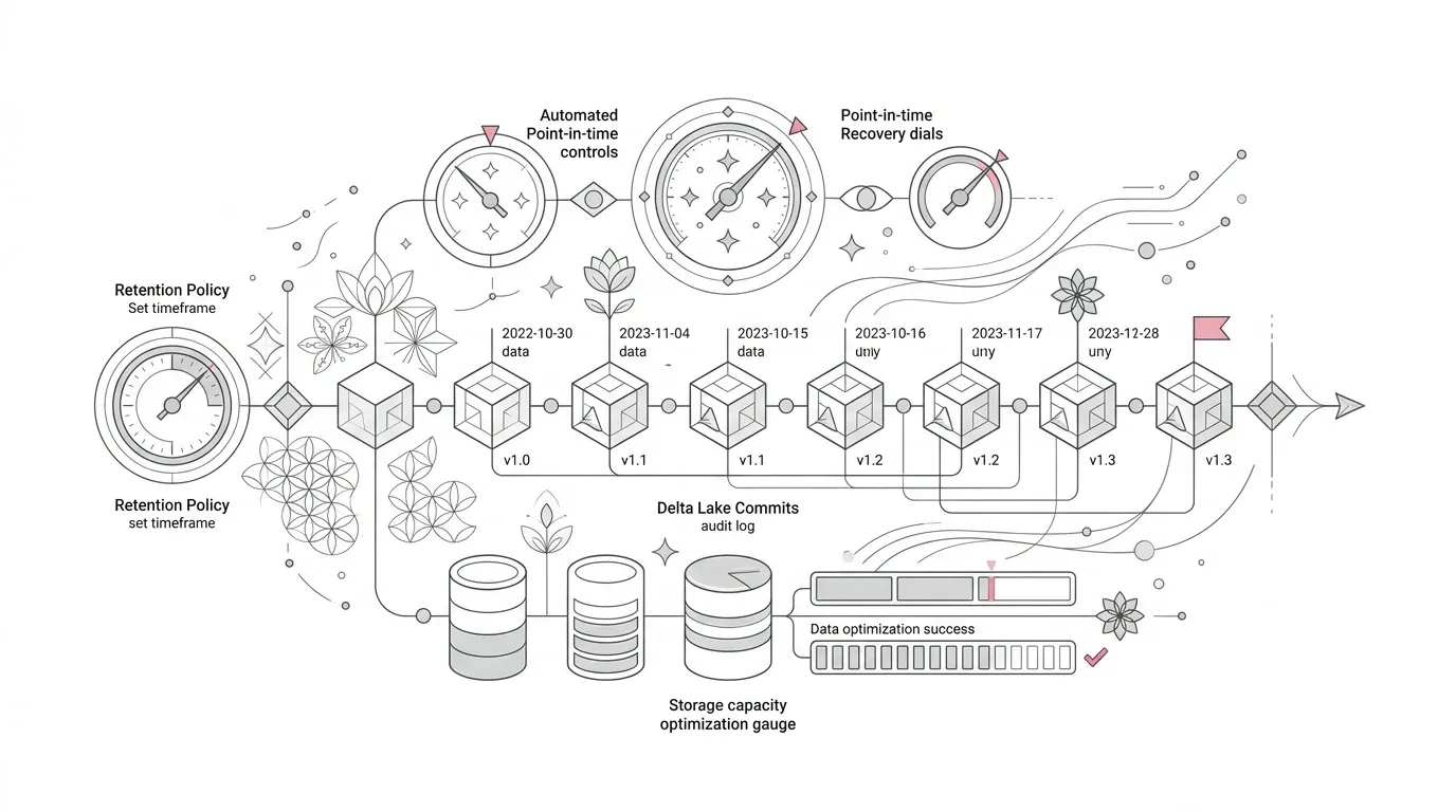 Enterprise cloud data warehouse time-travel and retention timeline architecture, showing historical Delta Lake commit logs, automated point-in-time recovery dials, and storage capacity optimization gauges with subtle #e71e4c pink accents on pure white background.