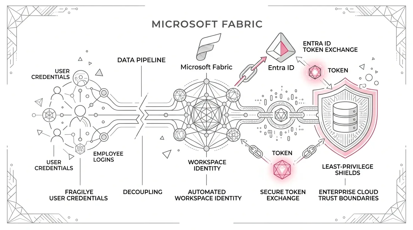 Microsoft Fabric workspace identity operating model: decoupling data pipelines from personal employee credentials into automated, least-privilege Entra ID service principals.