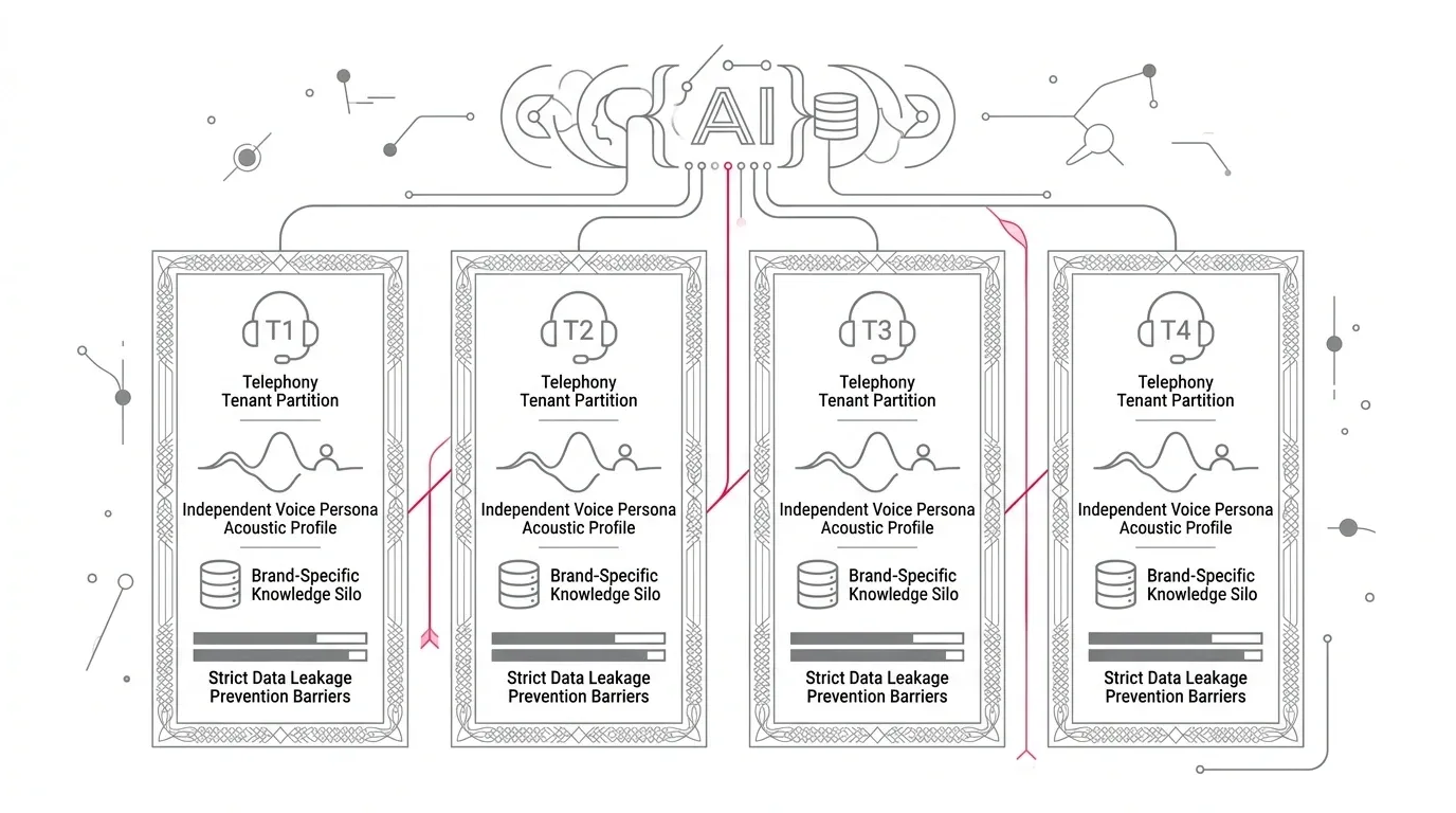 Multi-tenant conversational voice AI architecture, showing isolated telephony tenant partitions, independent voice persona acoustic profiles, brand-specific knowledge silos, and strict data leakage prevention barriers with subtle #e71e4c pink accents on pure white background.