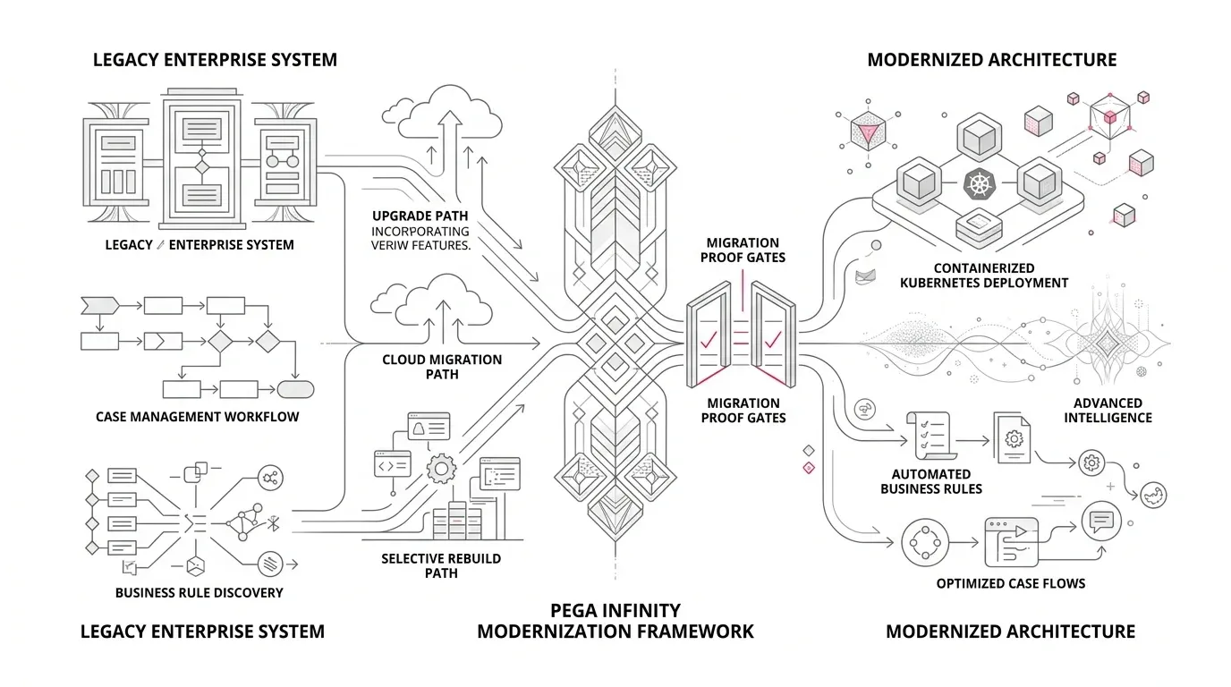 Pega Infinity legacy enterprise modernization framework comparing upgrade, cloud migration, and selective rebuild architectures.