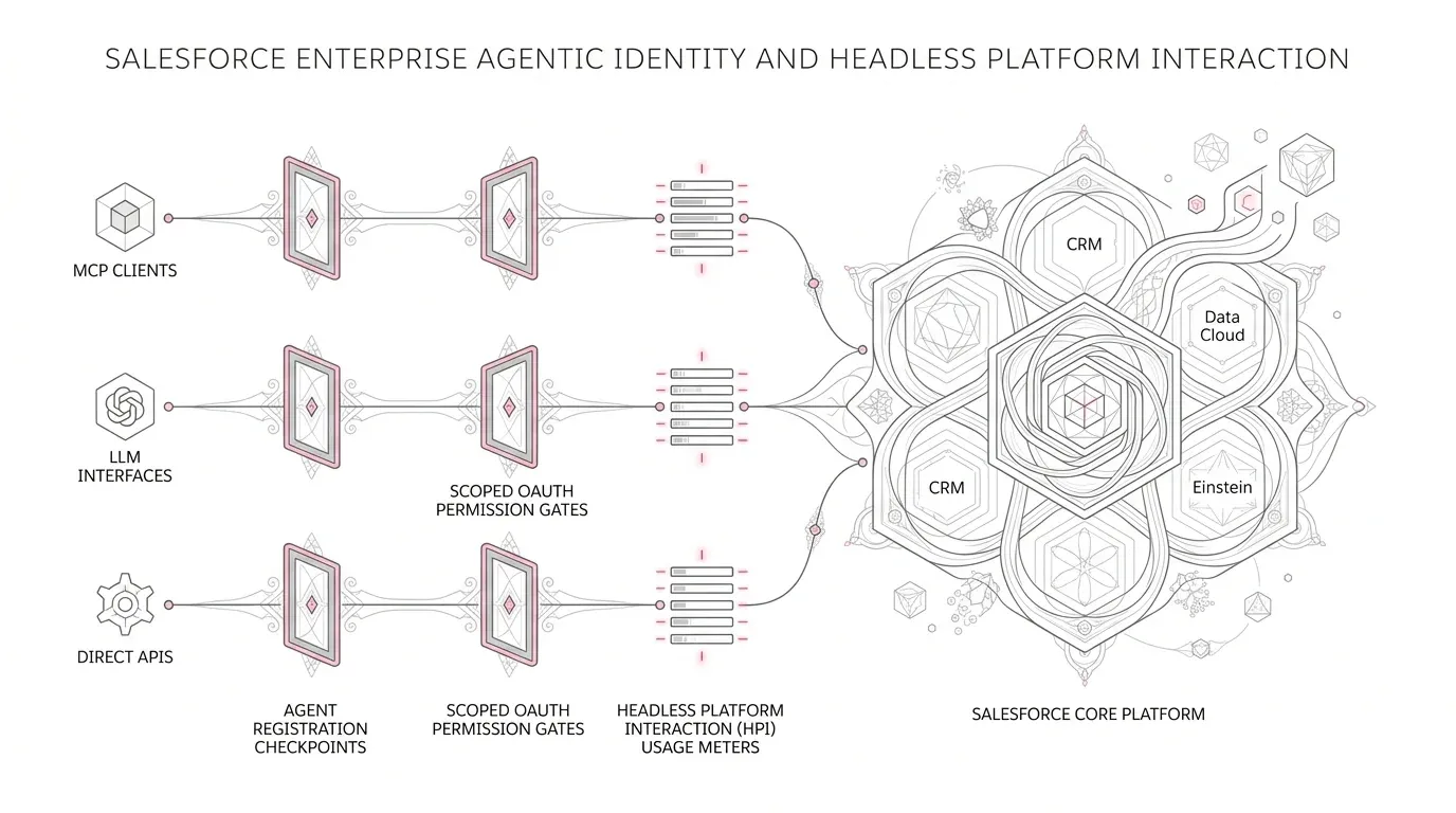 External AI agents connect to Salesforce through agent identity, permission, and Headless Platform Interaction controls.