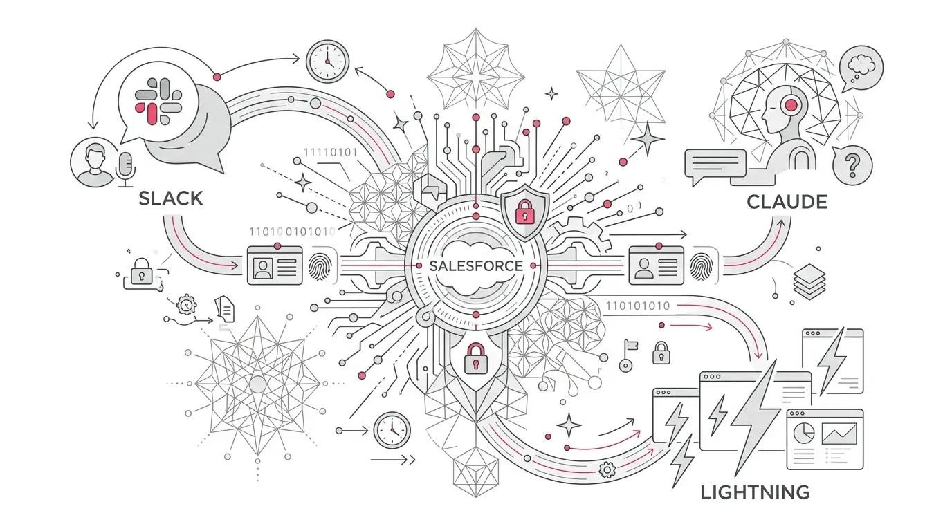 Diagram of Salesforce data and workflows reaching Claude, Slack, and Lightning through identity, permission, approval, and monitoring controls.