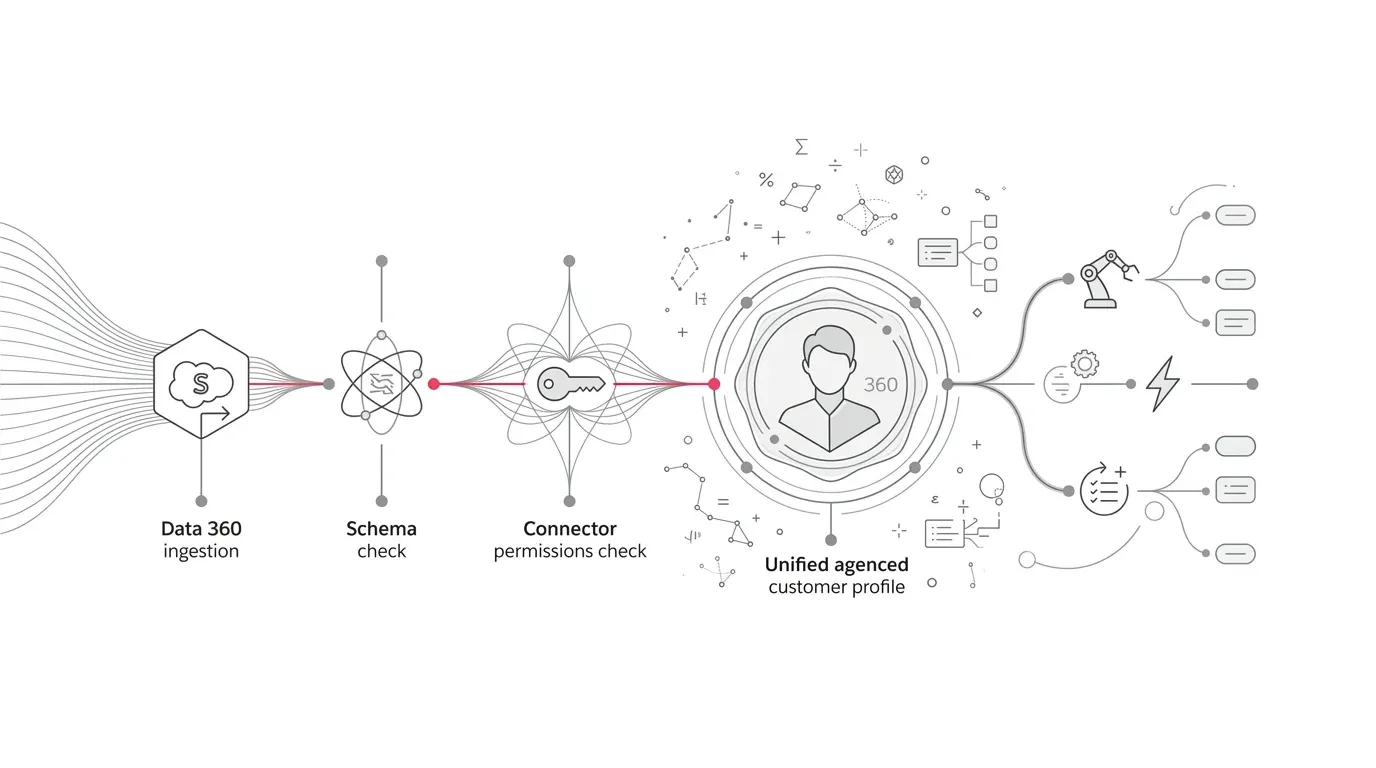 Diagram of a Salesforce CRM data stream failure affecting Data 360, unified profiles, and downstream service and AI workflows, with recovery checkpoints for schema, permissions, refresh, and validation.