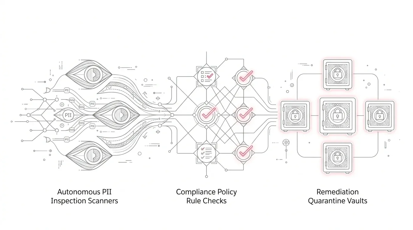 Salesforce Data 360 autonomous sensitive data discovery and classification engine, showing automated PII inspection scanners, compliance policy rule checks, and remediation quarantine vaults with subtle #e71e4c pink accents on pure white background.