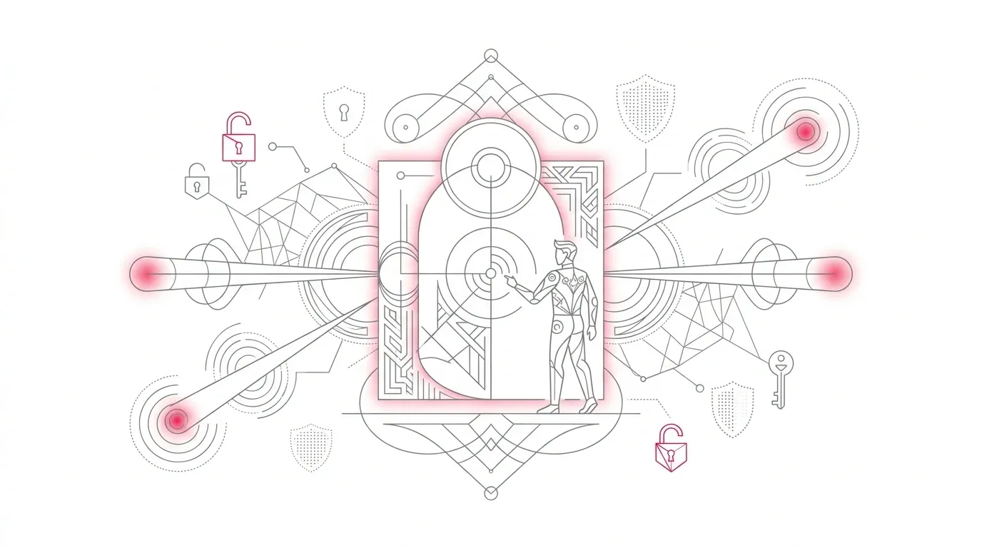 Salesforce Experience Cloud guest user perimeter security audit, showing public endpoint inspection scanners, strict object-level sharing rules, and unauthenticated access prevention barriers with subtle #e71e4c pink accents on pure white background.