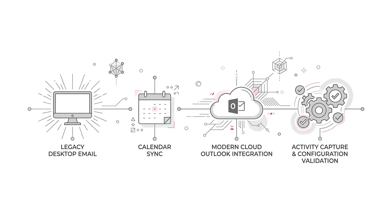 Timeline showing a 40-day migration from legacy Salesforce for Outlook to Outlook Integration and Einstein Activity Capture before November 1, 2026.