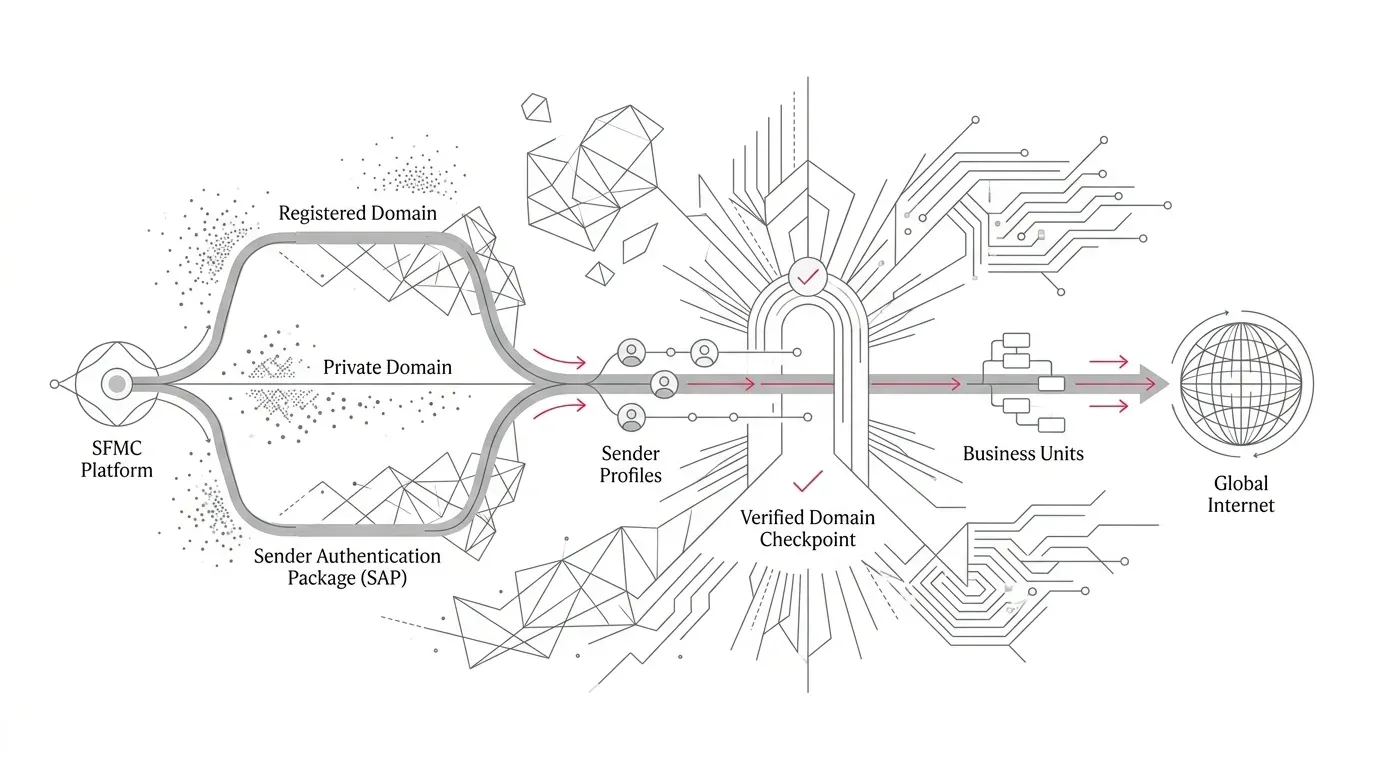 Marketing Cloud sender profiles and business units passing through a verified-domain checkpoint before email delivery.