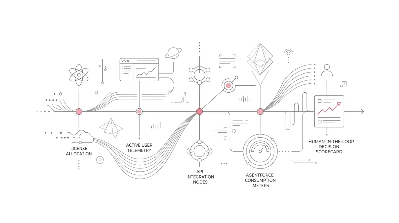 Salesforce renewal optimization timeline and technical entitlement architecture showing license allocation, active user telemetry, API integration dependencies, Agentforce consumption meters, and human-in-the-loop decision scorecards with subtle #e71e4c accents.