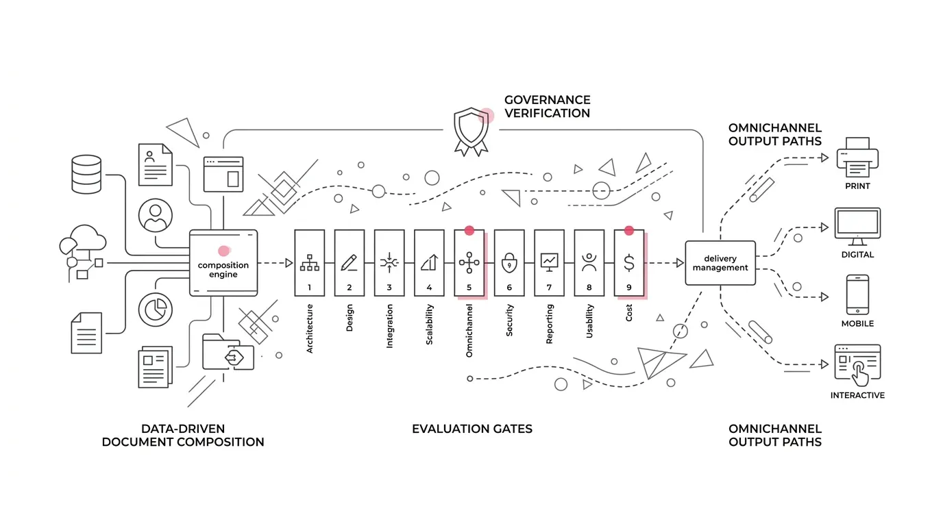 Enterprise customer communications management CCM platform architecture and evaluation framework: data-driven document composition, nine selection criteria gates, governance verification, and omnichannel delivery.
