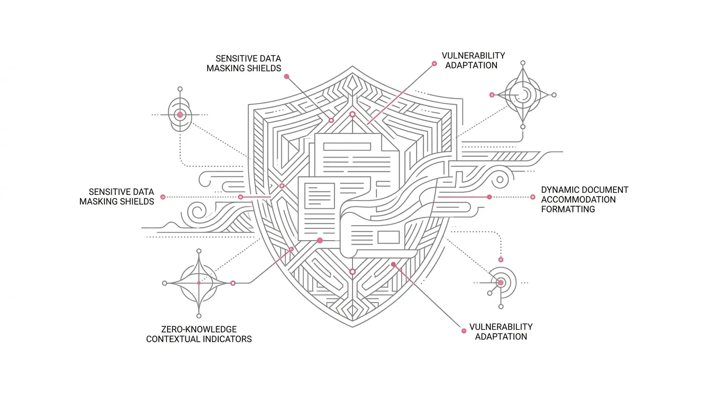 Privacy-preserving customer vulnerability adaptation architecture, showing zero-knowledge contextual indicators, dynamic document accommodation formatting, and sensitive data masking shields with subtle #e71e4c pink accents on pure white background.