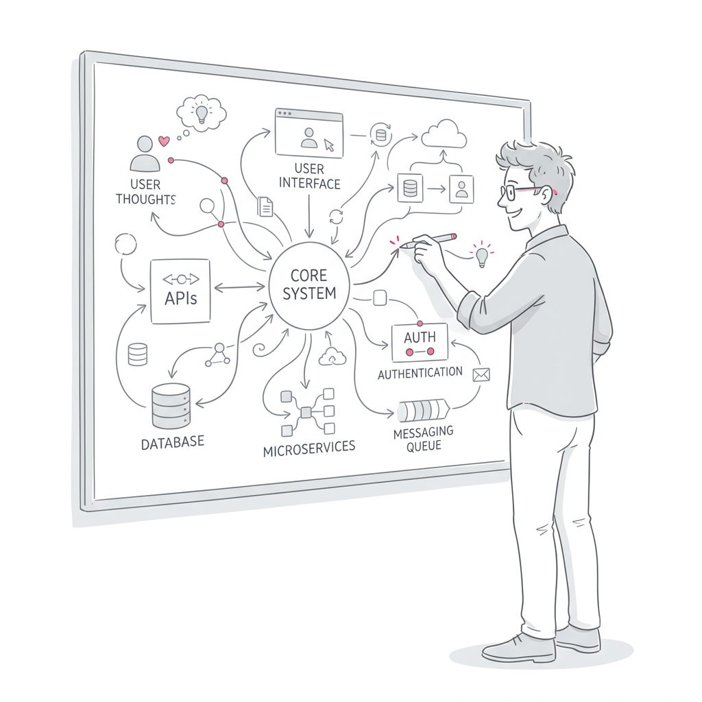 Artistic sketch of a professional software architect drawing system flow diagram on a whiteboard