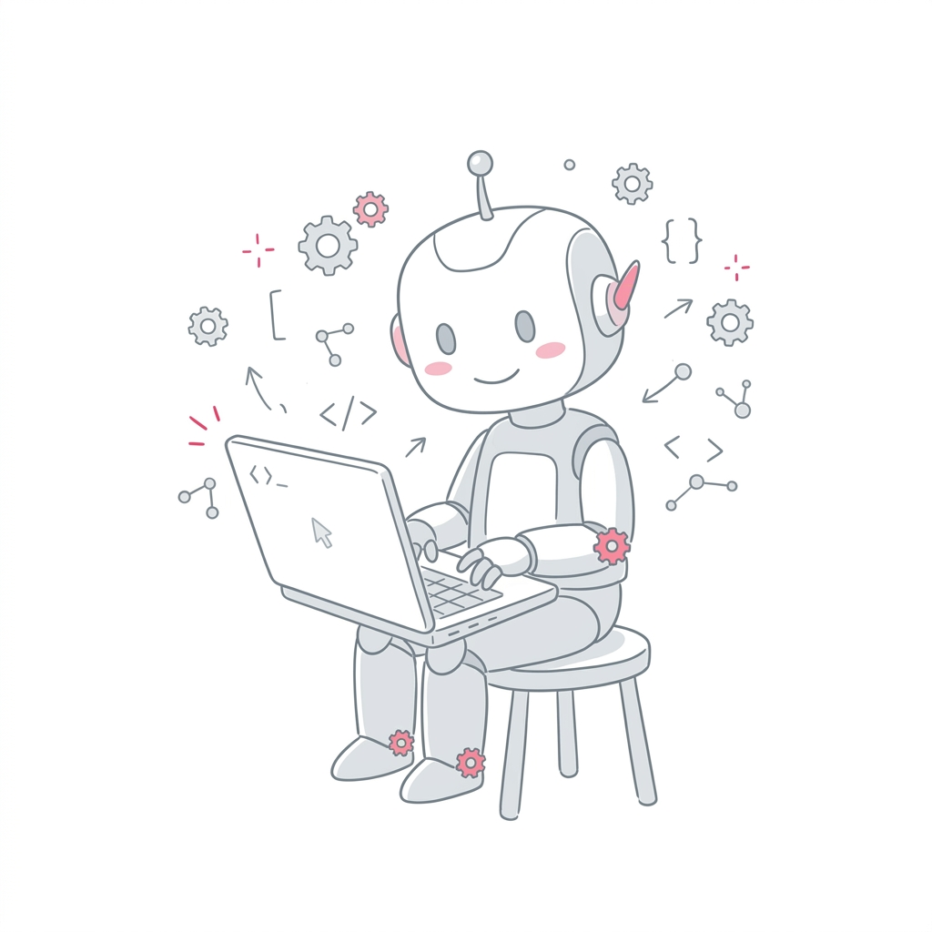 Artistic sketch of a cute robot child coder writing software on a laptop